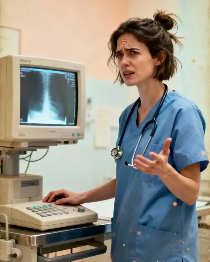 A frustrated veterinary technician beside an outdated x-ray monitor