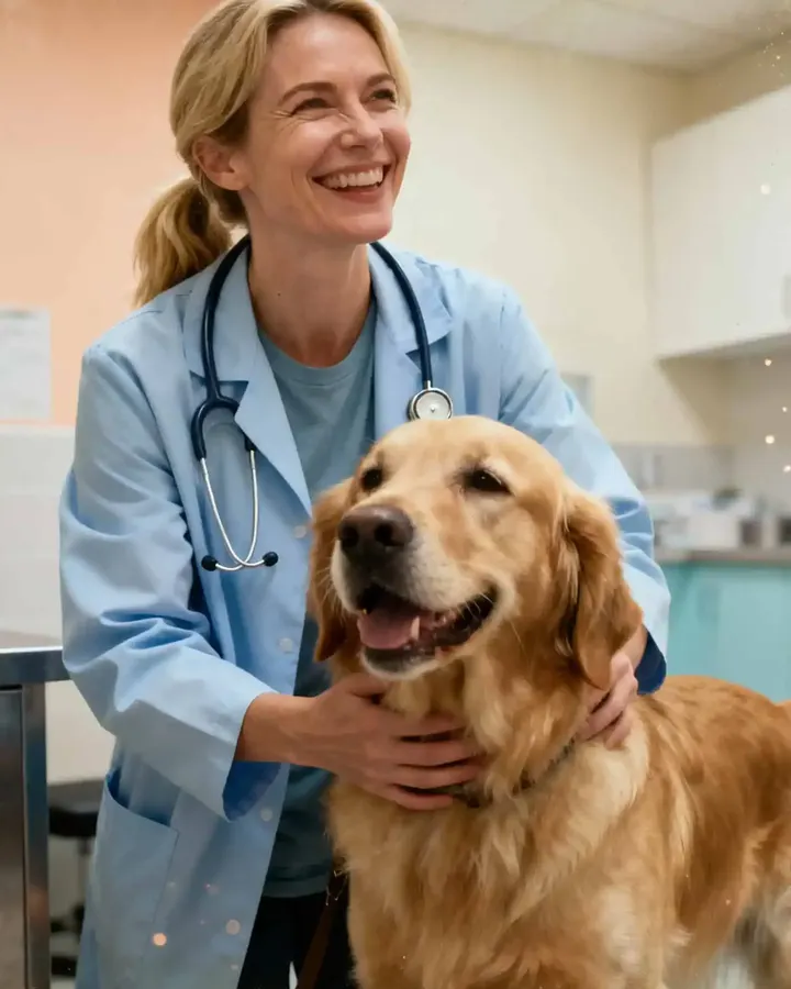 A smiling veterinarian with a golden retriever in an exam room